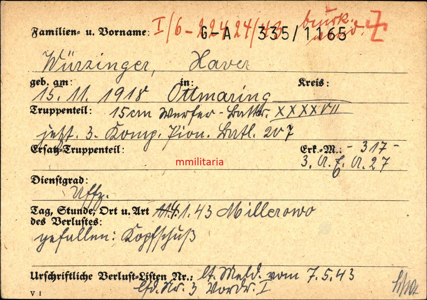 Sterbebild Unteroffizier Ottmaring Panzer Regt. 15cm Werfer-Batterie XXXVII Millerowo Russland