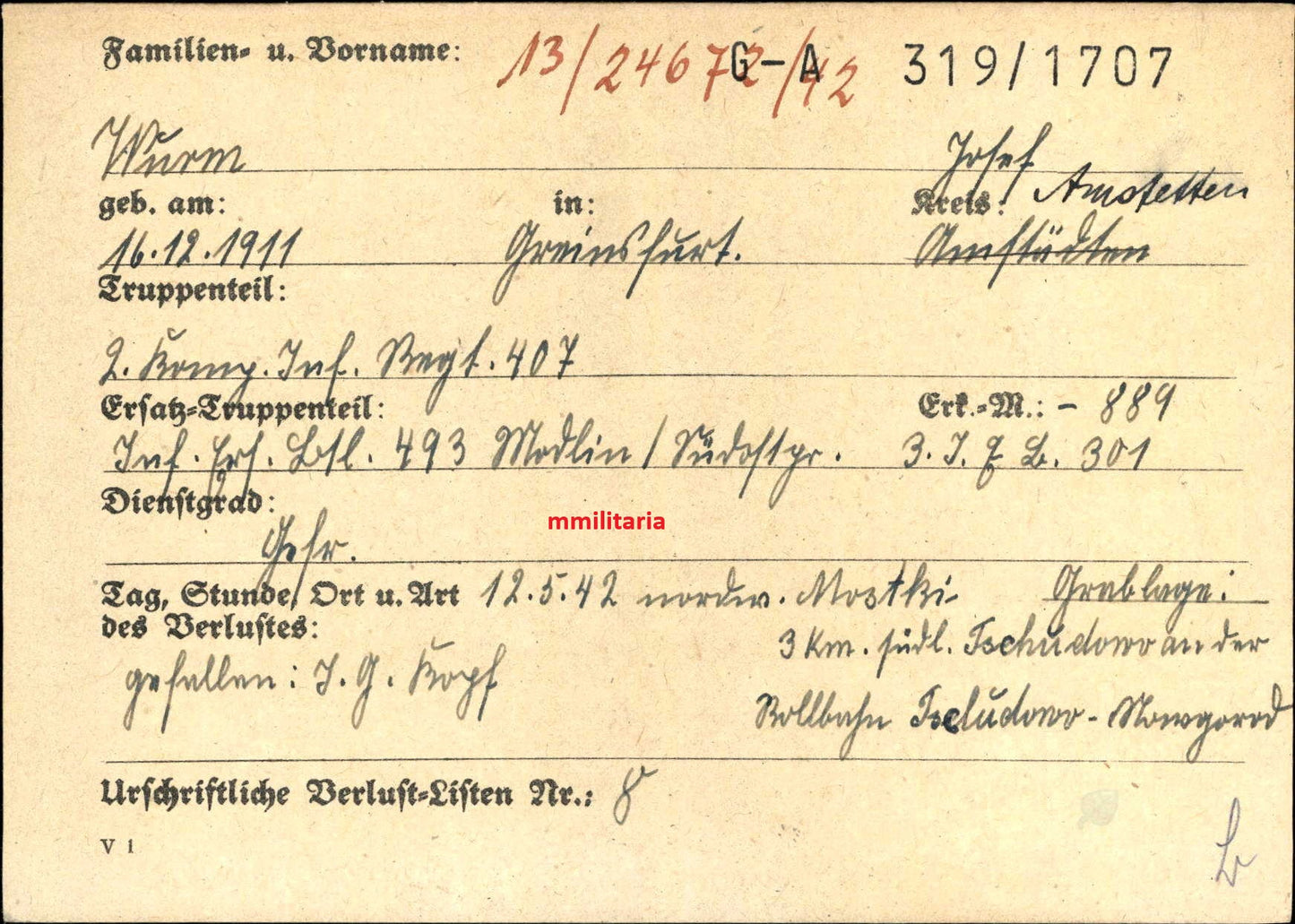 Sterbebild Gefreiter Greinsfurt 2. Komp. Inf. Regt. 407 Mostki Russland