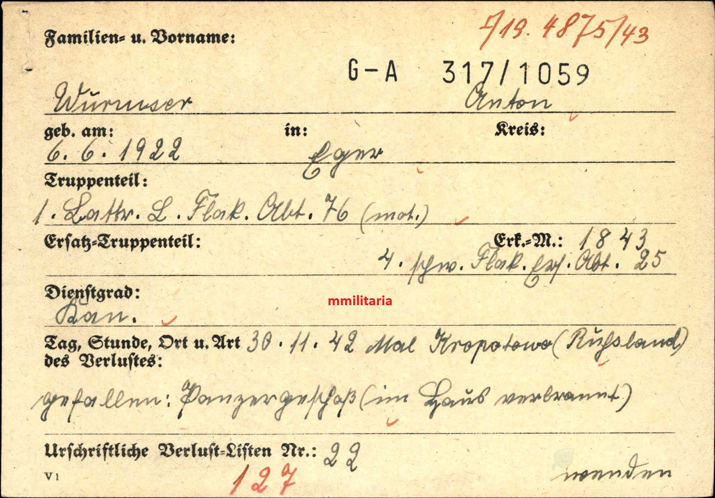 Sterbebild Kanonier Eger 1. Batterie Leichte Flak Abt. 76 (Mot) Kropotowo Russland