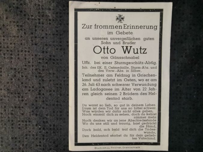 Sterbebild Unteroffizier Sturmgeschütz Abt. PSA EK II Ladogasee Mga Russland