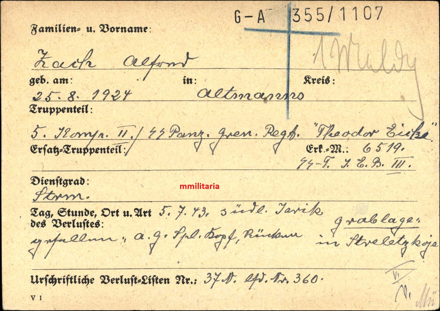 Sterbebild SS-Sturmmann Altmanns 5. Komp. SS-Panzer Gren. Regt. "Theodor Eicke" PSA Bjelgorod Russland - www.mmilitaria.com