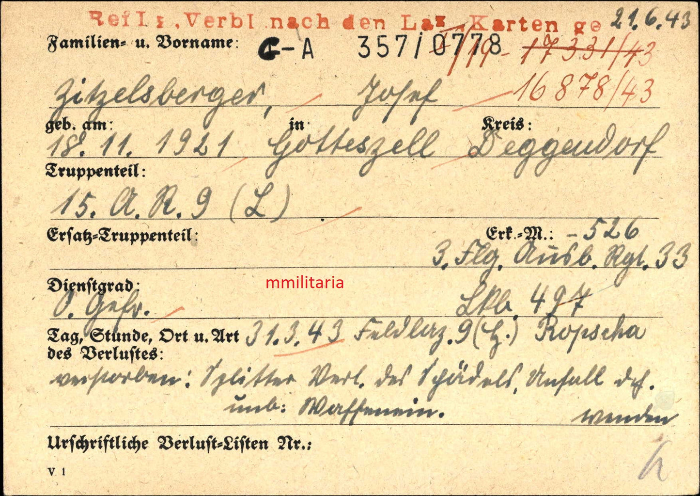 Sterbebild Obergefreiter Gotteszell Luftwaffe Feld.Laz. 9 Ropscha Russland