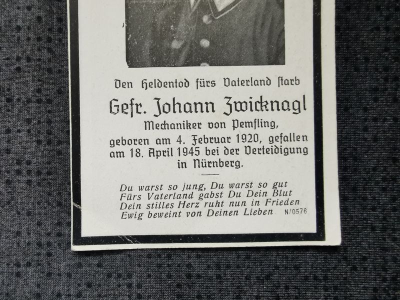 Sterbebild Obergefreiter Pemfling Endkampf Verteidigung Nürnberg Deutschland