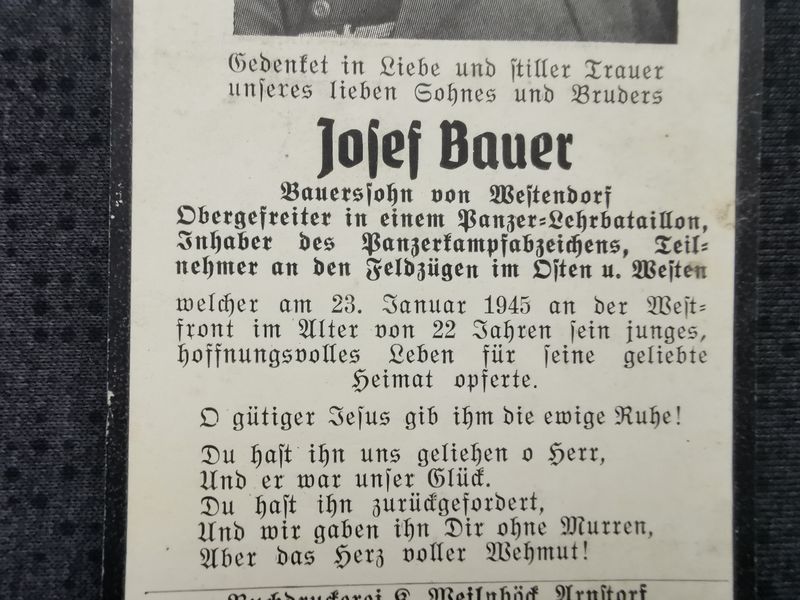 Sterbebild Obergefreiter Panzer-Lehrbataillon PKA Endkampf Westfront Daleiden Rheinland-Pfalz Deutschland