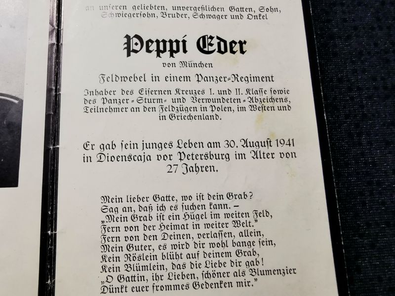 Sterbebild Feldwebel 6. Komp. Panz. Regt. 10 EK I&II PSA Panzermütze früh Diwenskaja Russland - www.mmilitaria.com