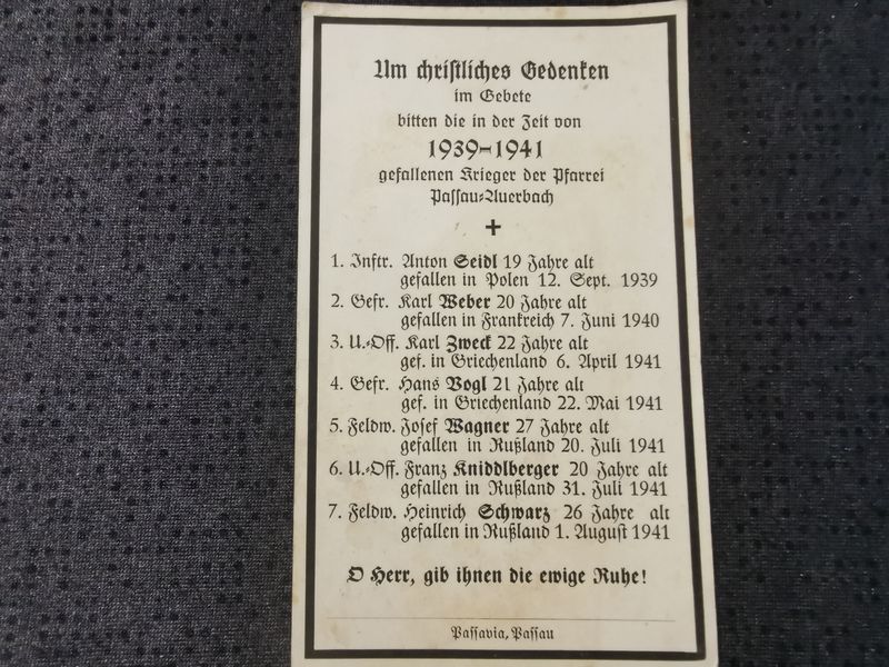 Sterbebild Ahnenbild Gefallene der Gemeinde Passau-Auerbach 1939-1941 Unteroffizier Feldwebel Polen Frankreich - www.mmilitaria.com