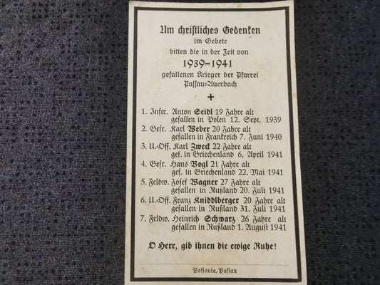 Sterbebild Ahnenbild Gefallene der Gemeinde Passau-Auerbach 1939-1941 Unteroffizier Feldwebel Polen Frankreich - www.mmilitaria.com