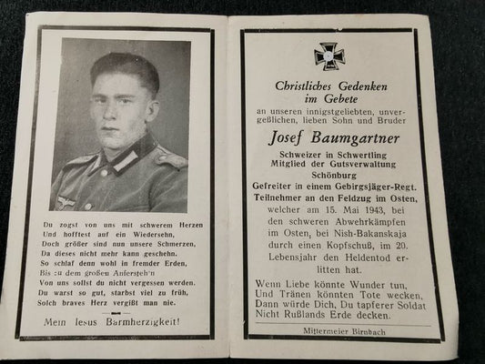 Sterbebild Gefreiter 7. Komp. Geb. Jäger Regt. 13 Abwehrkampf Nish-Bakanskaja Russland - www.mmilitaria.com