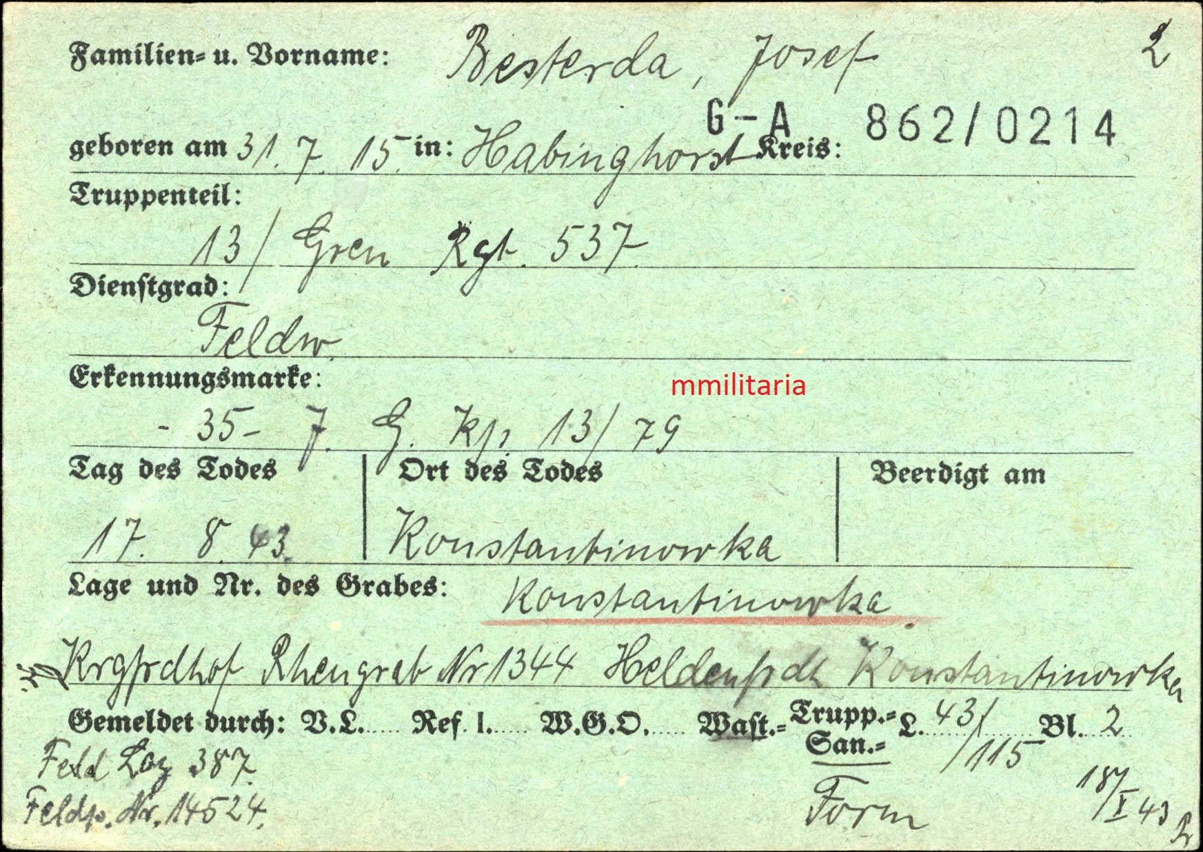 Sterbebild Feldwebel 13. Gren. Regt. 537 Donez Konstantinowka Russland - www.mmilitaria.com
