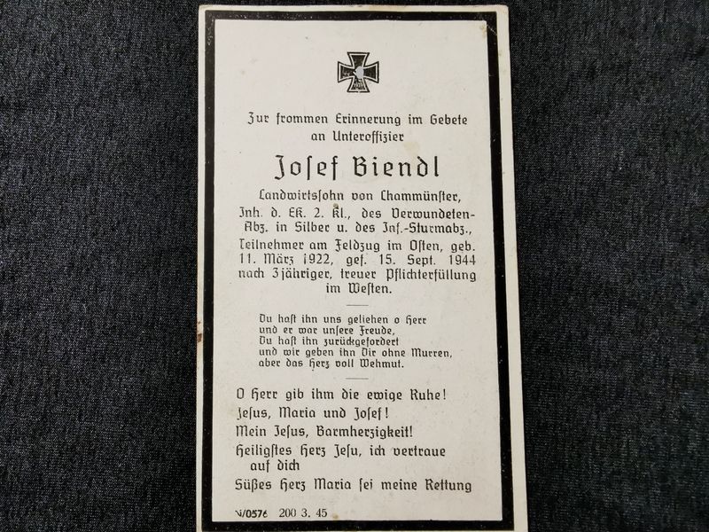 Sterbebild Unteroffizier Cham Verw. Abz Silber EK II Westen - www.mmilitaria.com