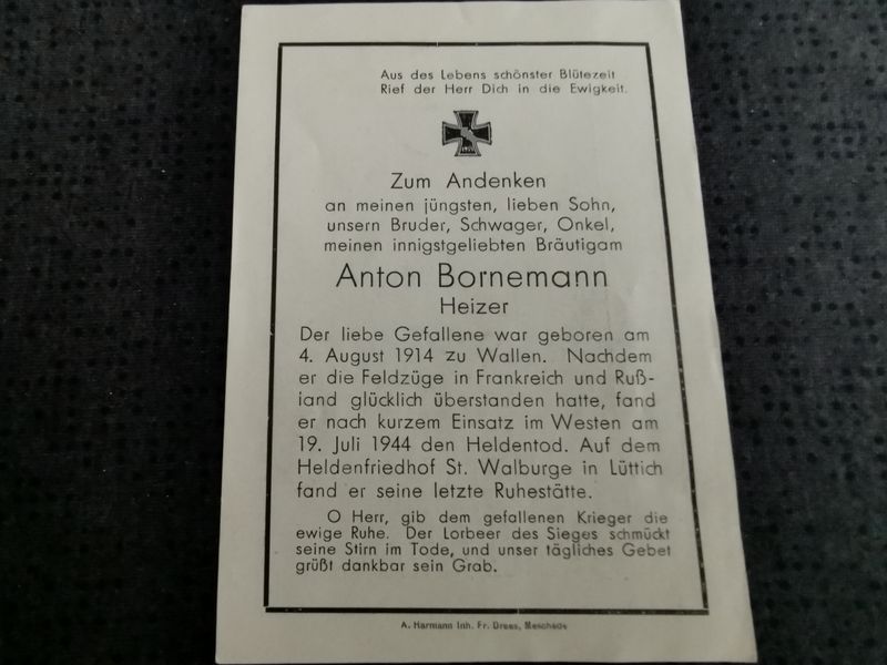 Sterbebild Gefreiter Westen St. Walburge Lüttich Lommel Belgien - www.mmilitaria.com