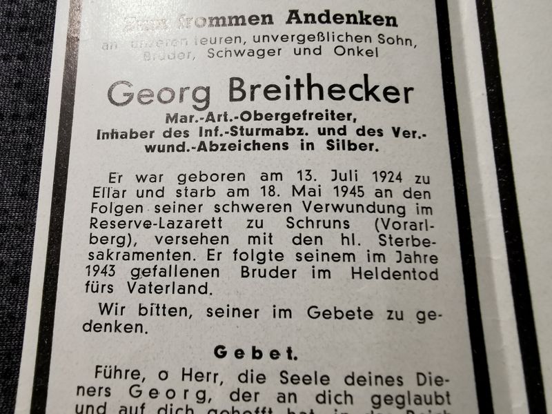 Sterbebild Obergefreiter Marine Artillerie VWA Silber Schruns Vorarlberg Österreich - www.mmilitaria.com
