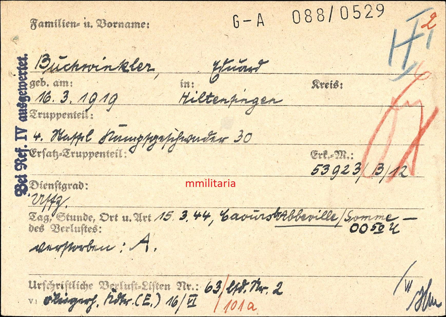 Sterbebild Unteroffizier Hiltenfingen Beobachter 4. Staffel Kampfgeschwader 30 Abbeville Somme Frankreich - www.mmilitaria.com