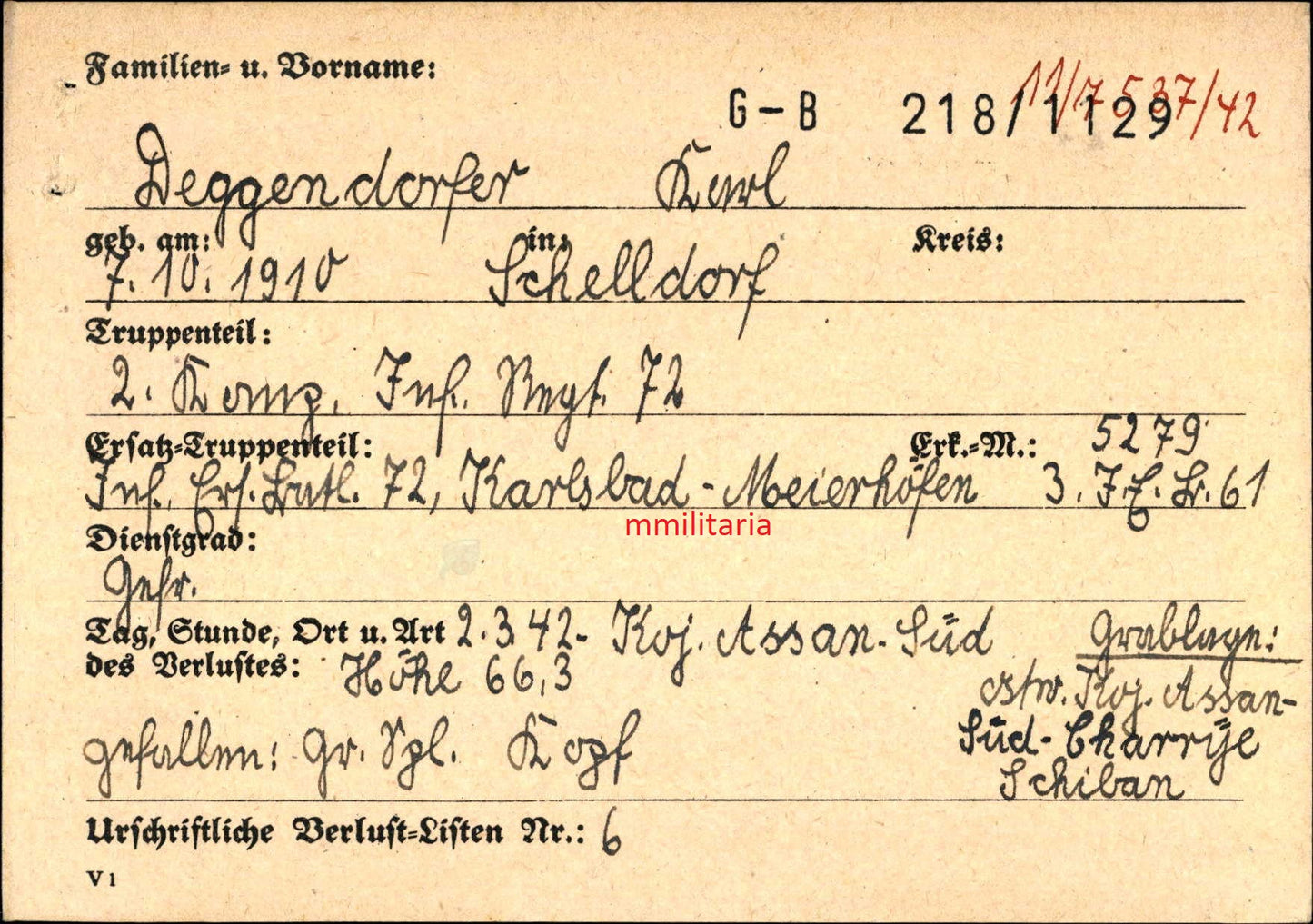 Sterbebild Gefreiter 2. Komp. Inf. Regt. 72 EK II Koj Assan Russland - www.mmilitaria.com