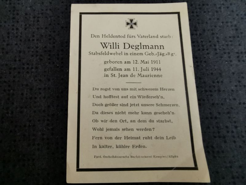 Sterbebild Stabsfeldwebel 6. Komp. Geb. Jäger Regt. 98 St. Jean de Maurienne Dagneux Frankreich - www.mmilitaria.com