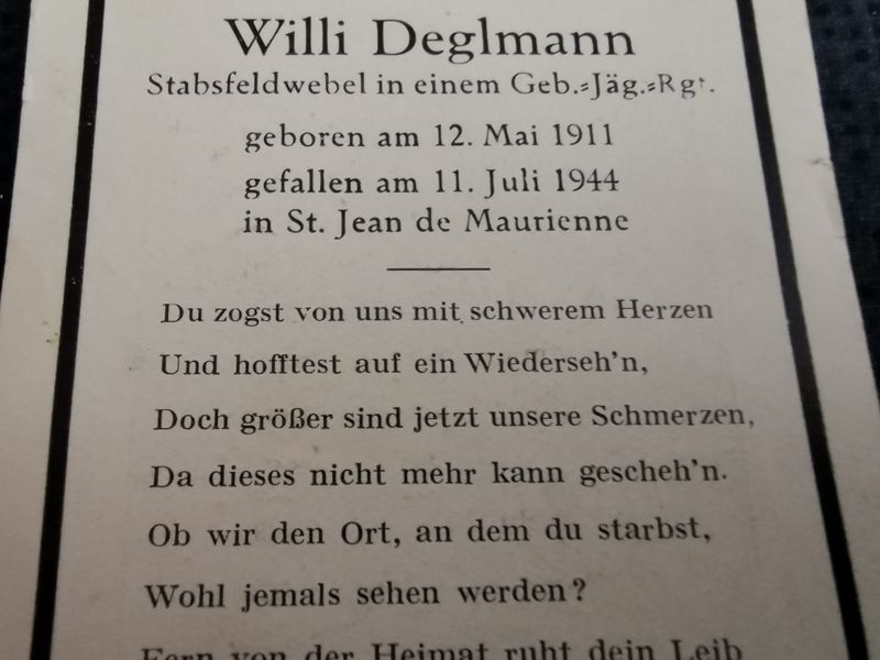 Sterbebild Stabsfeldwebel 6. Komp. Geb. Jäger Regt. 98 St. Jean de Maurienne Dagneux Frankreich - www.mmilitaria.com