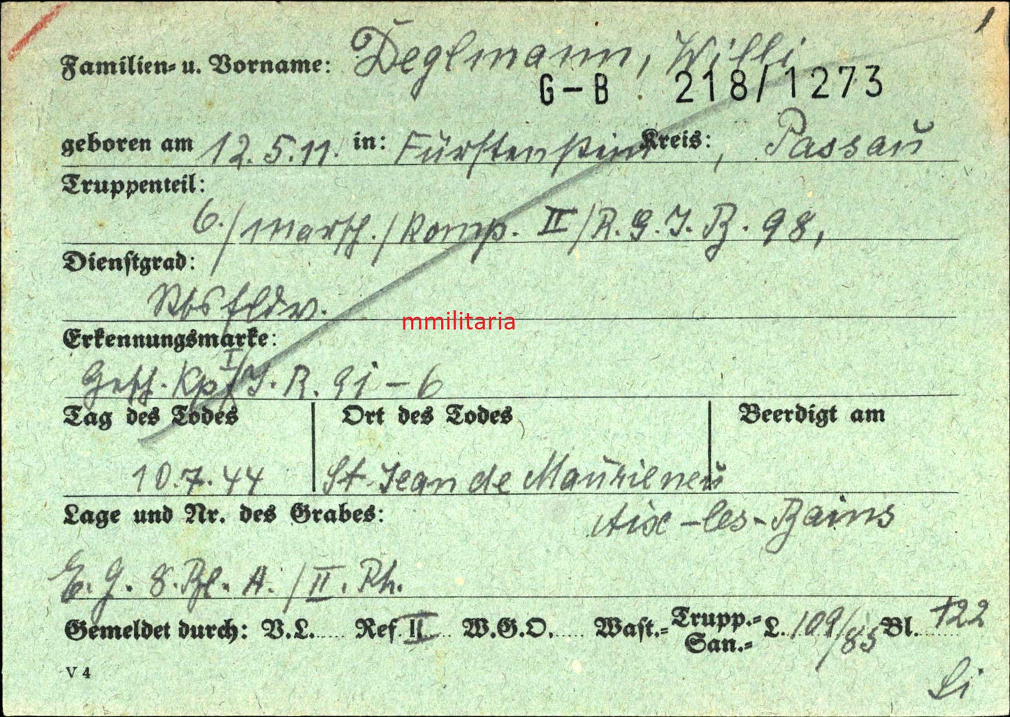 Sterbebild Stabsfeldwebel 6. Komp. Geb. Jäger Regt. 98 St. Jean de Maurienne Dagneux Frankreich - www.mmilitaria.com