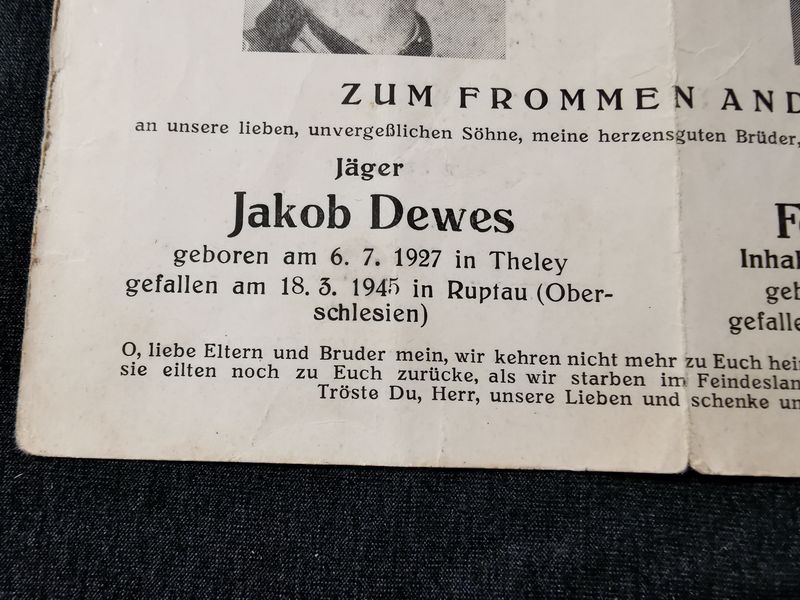 Sterbebild Brüder Jäger Unterscharführer Endkampf Zebrzydowice Oberschlesien Noville Belgien - www.mmilitaria.com