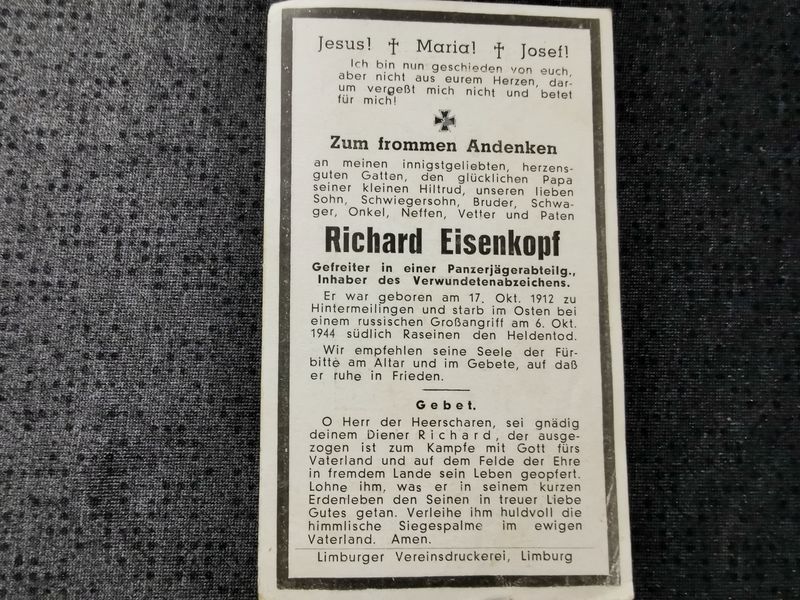 Sterbebild Gefreiter Hintermeilingen Panzerjäger Abt. VWA südlich Raseiniai Kaunas Litauen - www.mmilitaria.com
