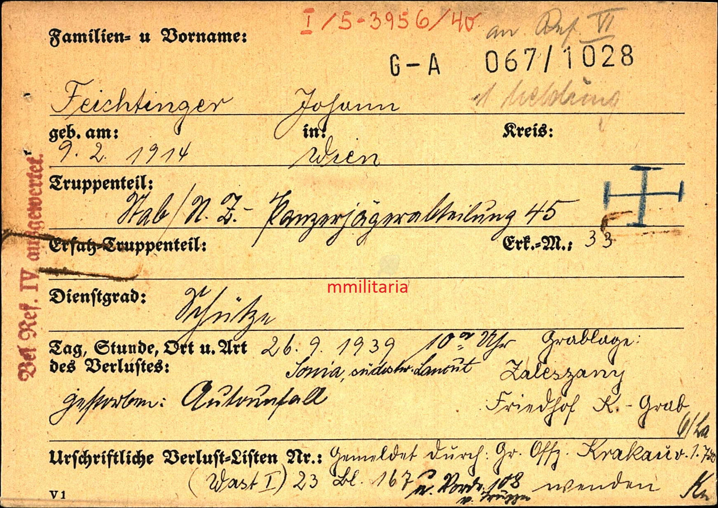 Sterbebild Schütze Stab/N Z-Panzerjägerabteilung 45 Kriegsbeginn 1939 Zareszani Siemianowice Slaskie Polen - www.mmilitaria.com