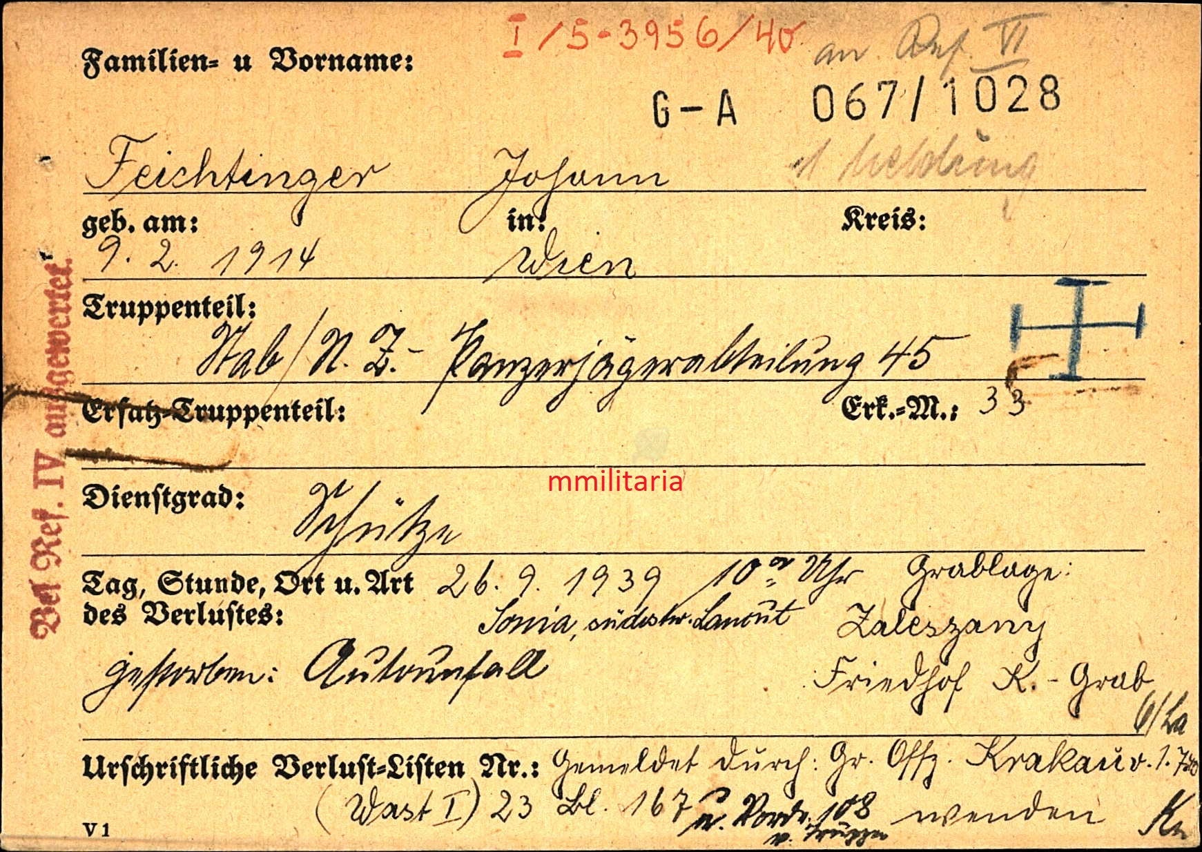 Sterbebild Schütze Stab/N Z-Panzerjägerabteilung 45 Kriegsbeginn 1939 Zareszani Siemianowice Slaskie Polen - www.mmilitaria.com