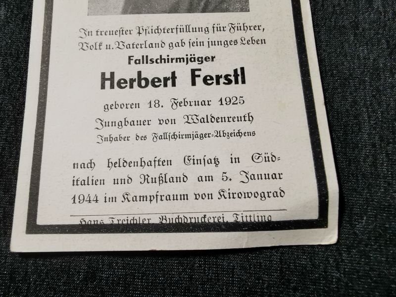 Sterbebild Fallschirmjäger Fallschirmjäger Abzeichen Kampfraum Kirowograd Russland - www.mmilitaria.com
