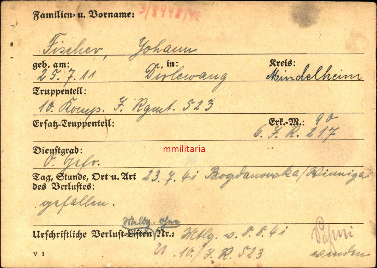 Sterbebild Obergefreiter Dirlewang 10. Komp. Inf. Regt. 523 Bogdanowka Russland - www.mmilitaria.com