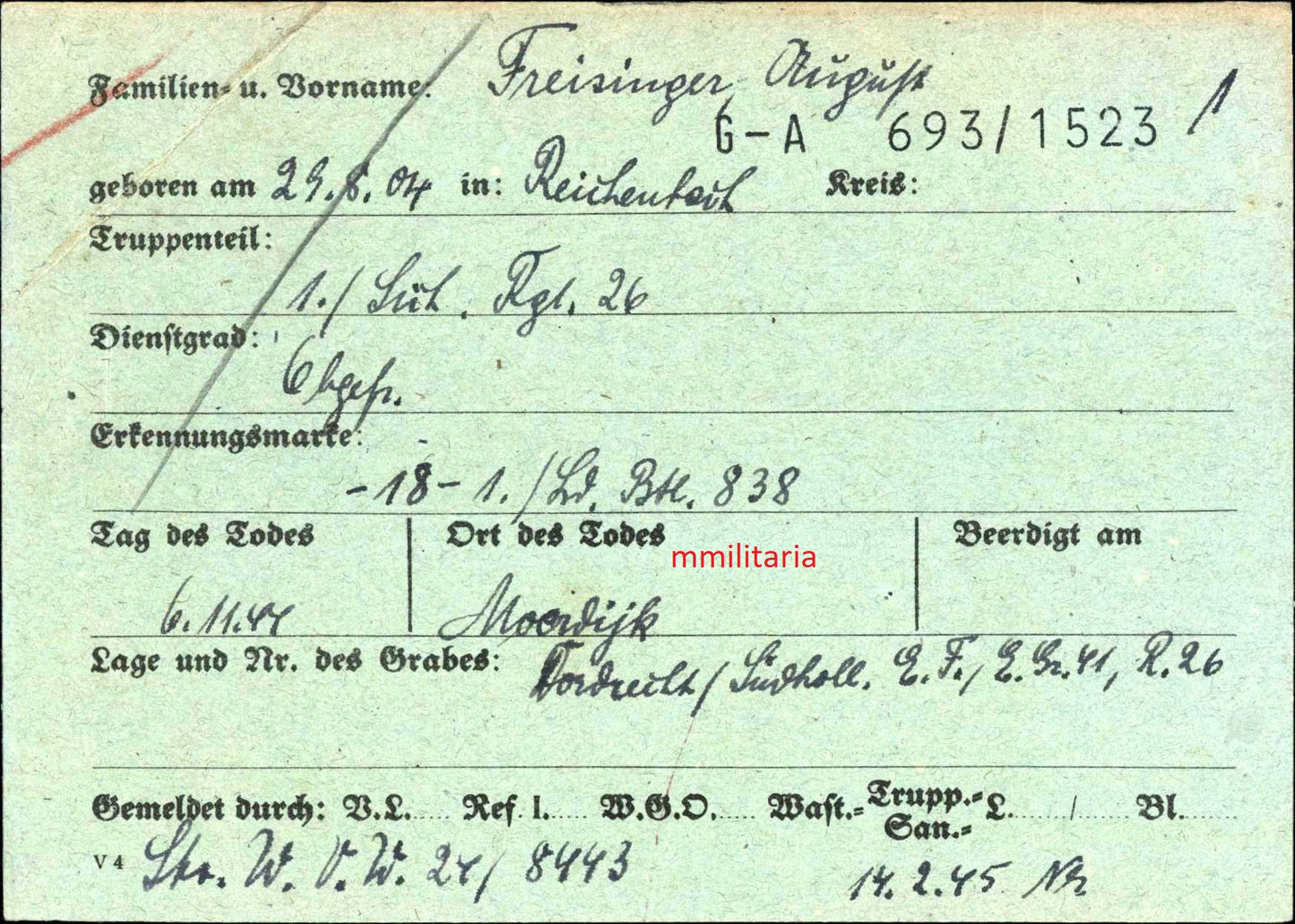 Sterbebild Obergefreiter 1. Sich. Regt. 26 Moordijk Ysselsteyn Holland - www.mmilitaria.com