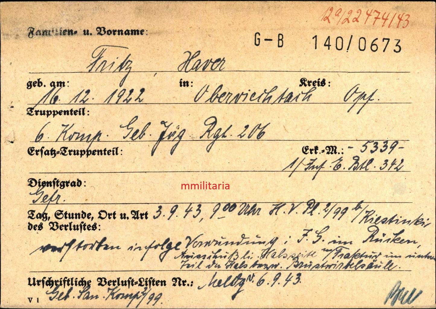 Sterbebild Gefreiter 6. Komp. Geb. Jäg. Regt. 206 Kiestinki Finnland - www.mmilitaria.com