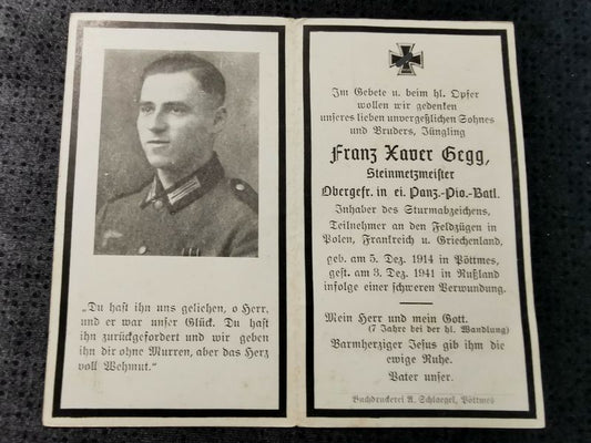 Sterbebild Obergefreiter Panzer Pionier Btl. Sturmabzeichen Gorki Russland - www.mmilitaria.com