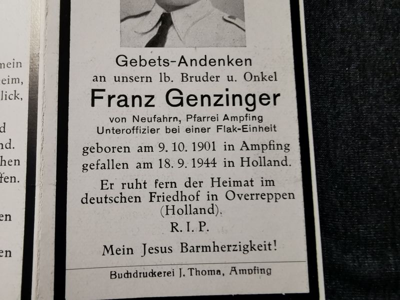Sterbebild Unteroffizier Flak-Einheit Overreppen Holland Lommel Belgien - www.mmilitaria.com