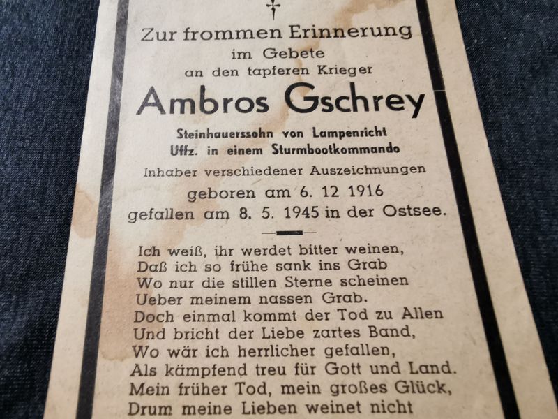 Sterbebild Unteroffizier Sturmbootkommando 08.05.1945 letzter Kriegstag Überfahrt Gotland Ostsee - www.mmilitaria.com