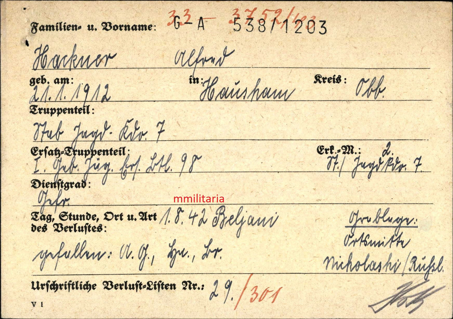 Sterbebild Gefreiter Gebirgsjäger Stab Jagd Kdo. 7 Beljani Russland - www.mmilitaria.com