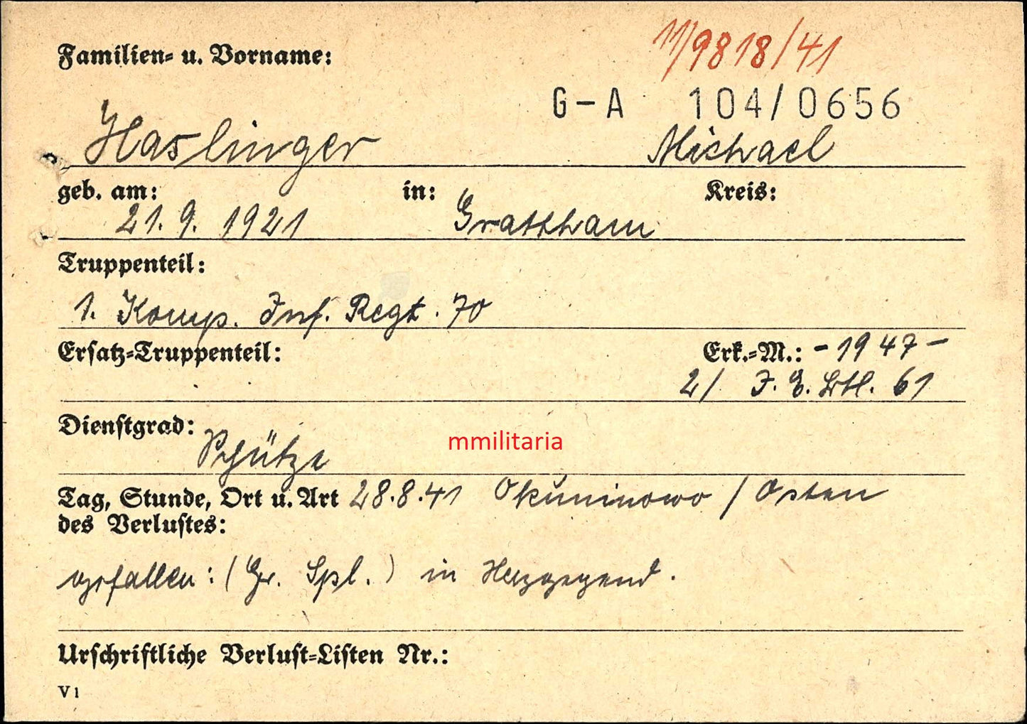 Sterbebild Schütze 1. Komp. Inf. Regt. 70 Okoninowo Russland Osten - www.mmilitaria.com