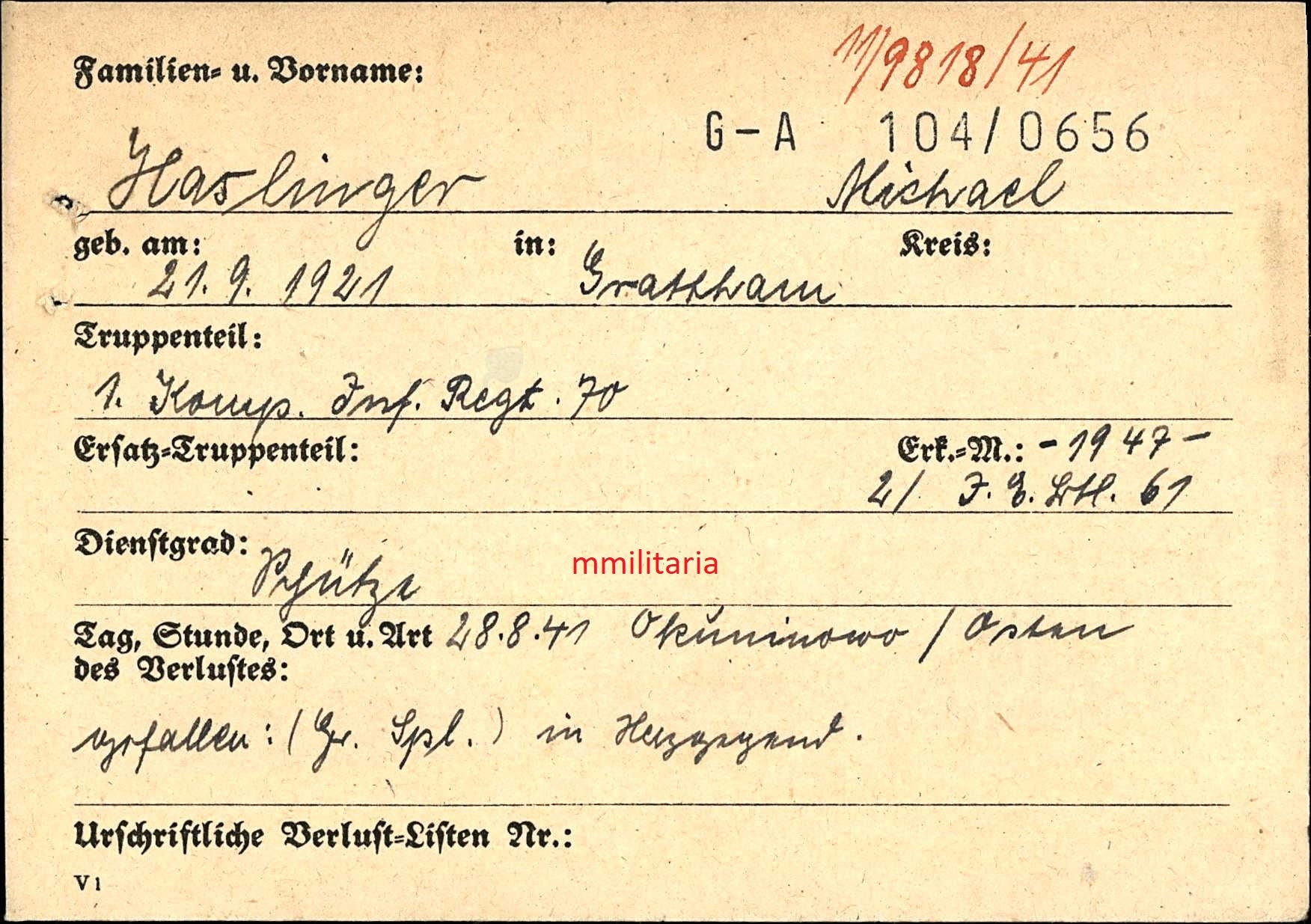 Sterbebild Schütze 1. Komp. Inf. Regt. 70 Okoninowo Russland Osten - www.mmilitaria.com