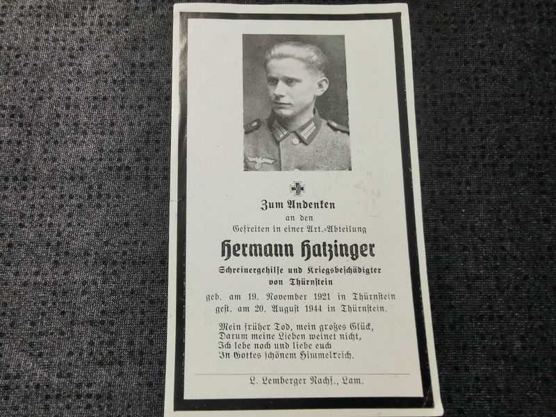 Sterbebild Gefreiter in Artillerie Abteilung Thürnstein Cham Bayern Deutschland - www.mmilitaria.com