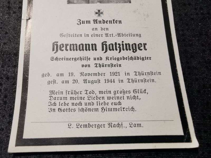 Sterbebild Gefreiter in Artillerie Abteilung Thürnstein Cham Bayern Deutschland - www.mmilitaria.com