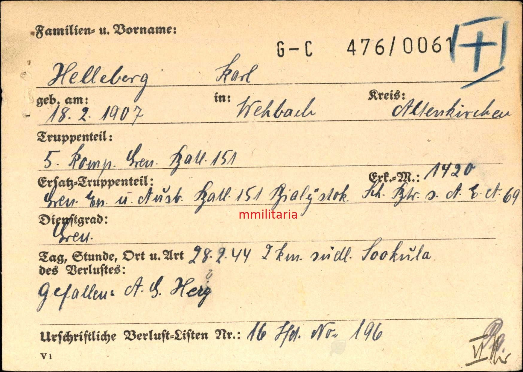 Sterbebild Grenadier 5. Komp. Gren. Btl. 151 Sookula Narwa Toilu Estland - www.mmilitaria.com