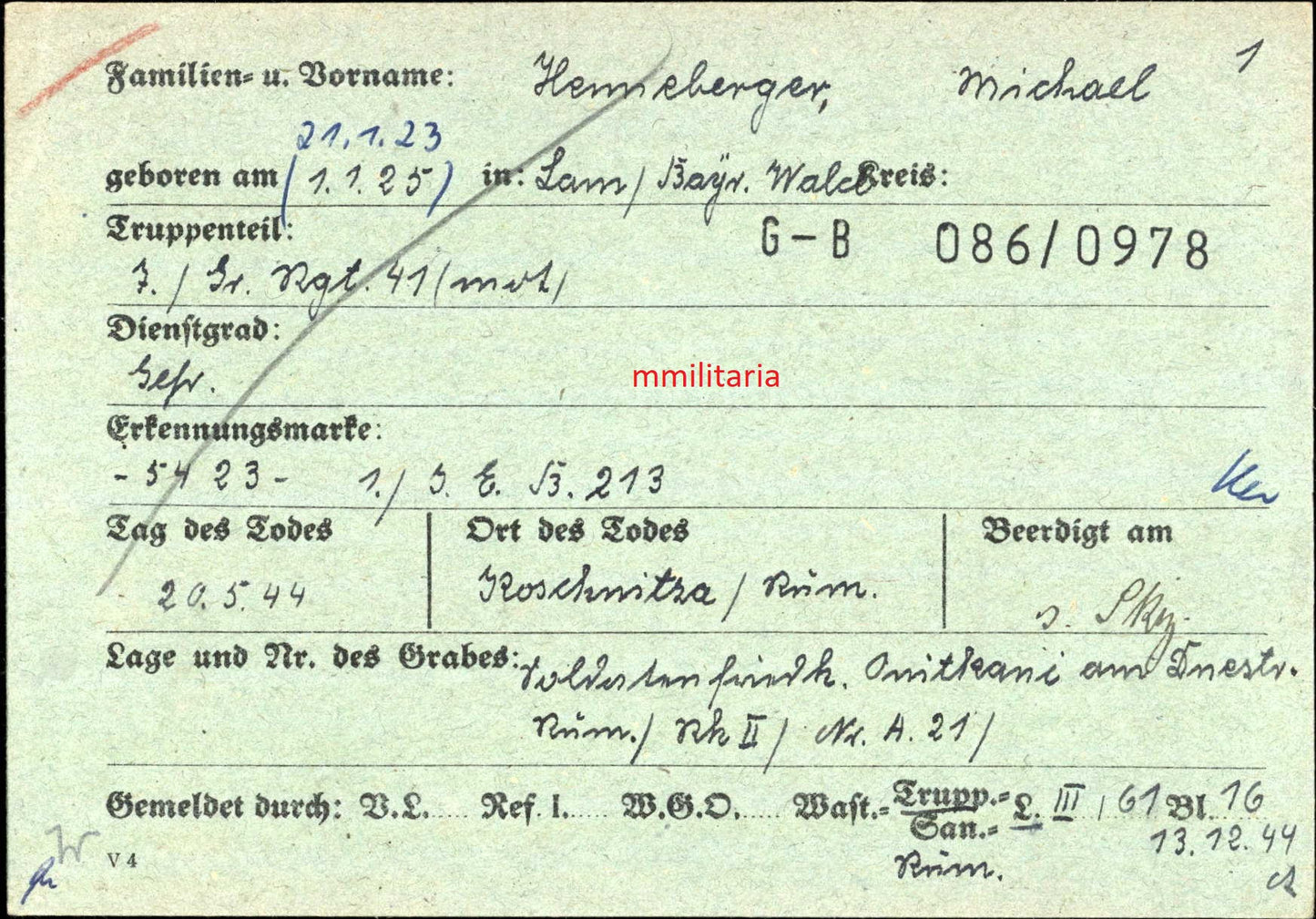 Sterbebild Gefreiter Lam 7. Grenadier Regt. 41 (Mot) Koschnitza Rumänien - www.mmilitaria.com