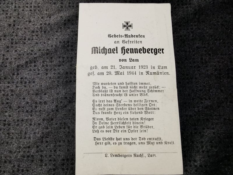 Sterbebild Gefreiter Lam 7. Grenadier Regt. 41 (Mot) Koschnitza Rumänien - www.mmilitaria.com