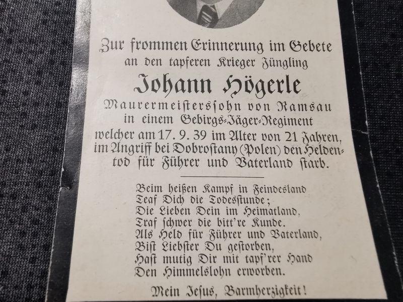 Sterbebild Gefreiter Gebirgsjäger Regt. Kriegsbeginn 1939 Dobrostany Polen - www.mmilitaria.com