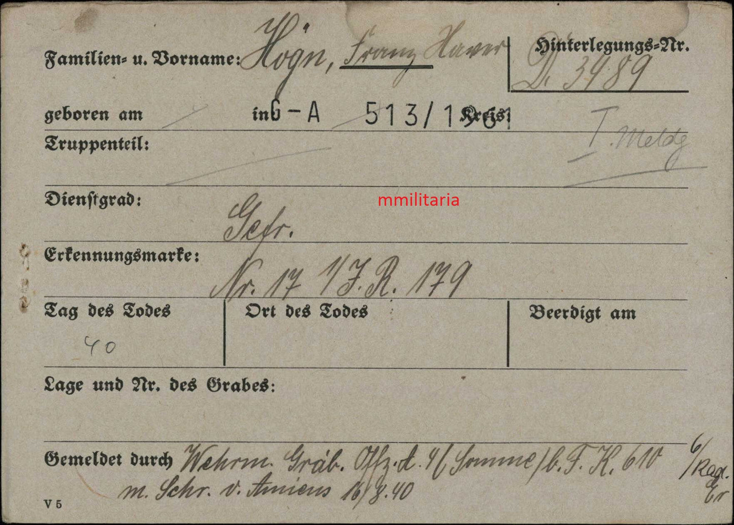 Sterbebild Gefreiter Infanterie Regt. Westfront 1940 Somme Frankreich - www.mmilitaria.com