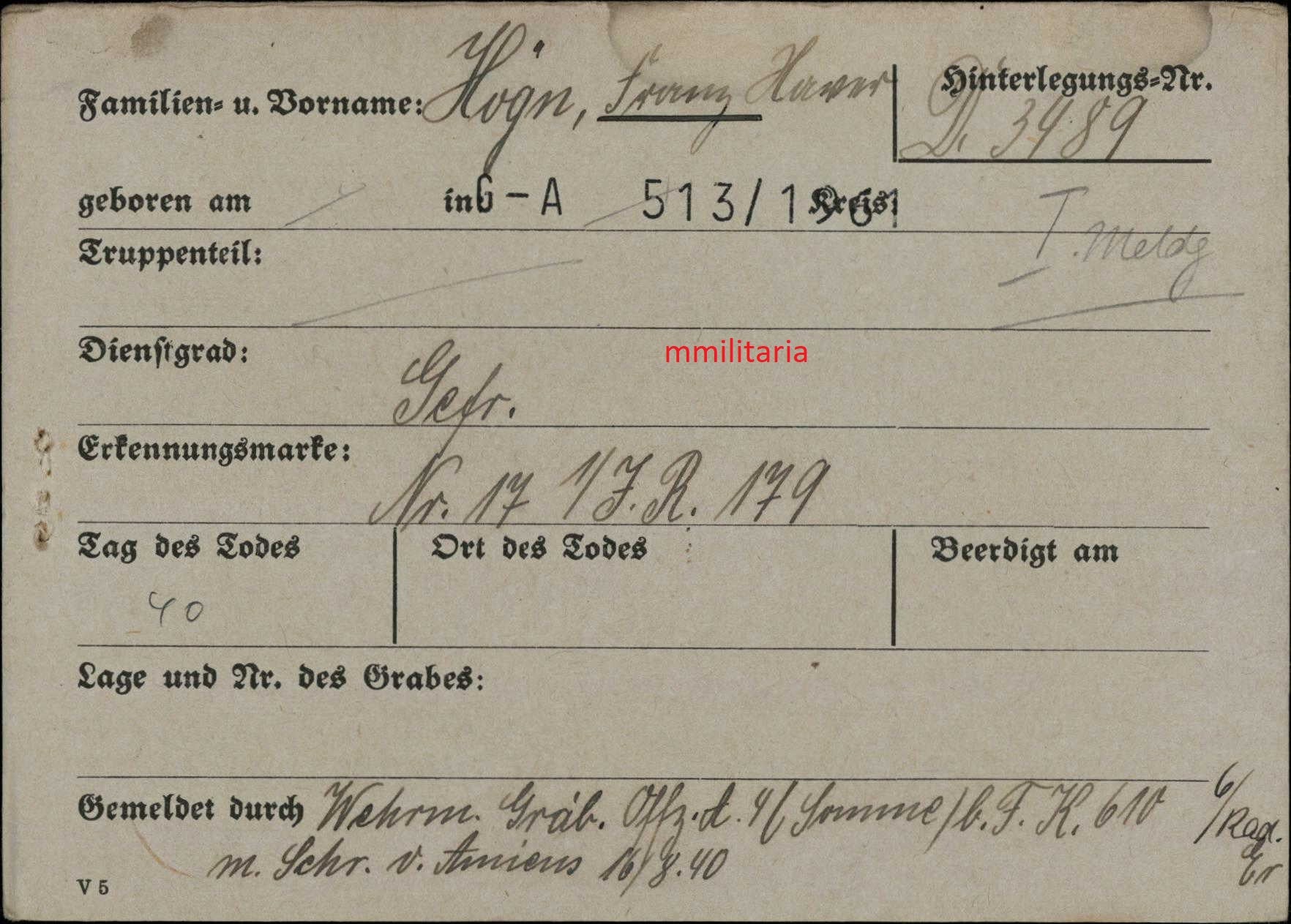 Sterbebild Gefreiter Infanterie Regt. Westfront 1940 Somme Frankreich - www.mmilitaria.com