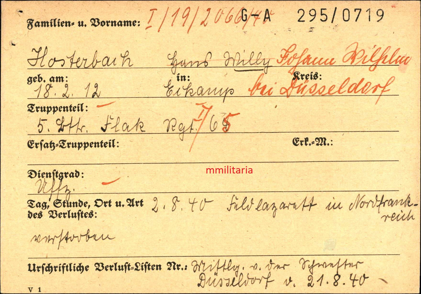 Sterbebild Unteroffizier Düsseldorf 5. Batterie Flak Regt. I/65 Lille Bourdon Frankreich - www.mmilitaria.com