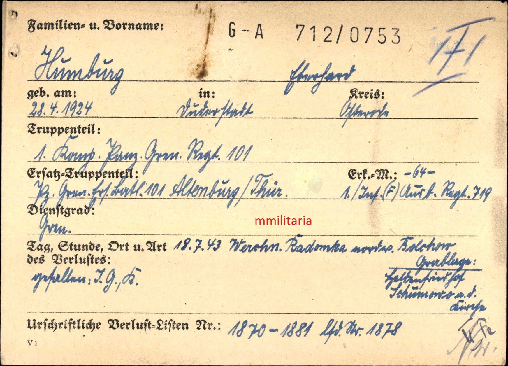 Sterbebild + Trauerkarte + Zeugnis Panzer Grenadier 1. Komp. Panz. Gren. Regt. 101 Bolchow Orel Russland - www.mmilitaria.com
