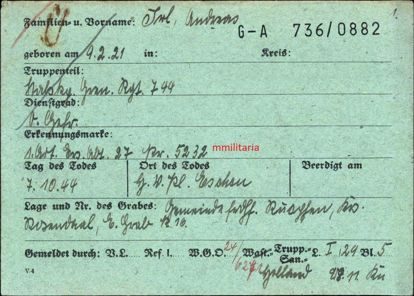 Sterbebild Obergefreiter Stabskomp. Gren. Rgt. 744 Eschen Belgien Ysselsteyn Holland - www.mmilitaria.com