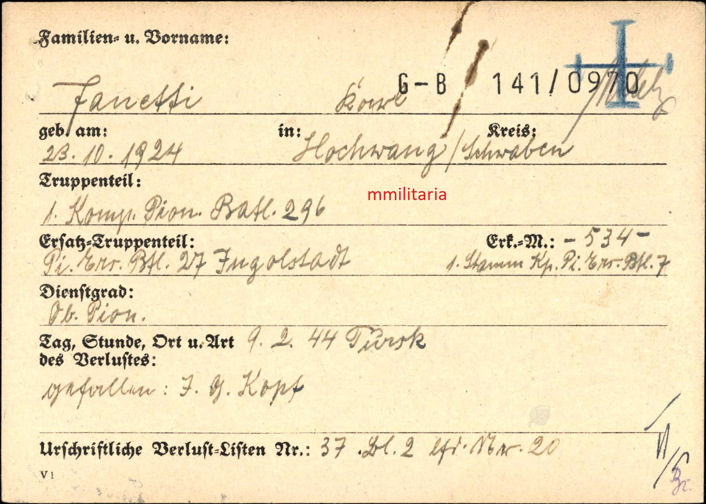 Sterbebild Oberpionier 1. Komp. Pionier Btl. 296 Rogatschew Tursko Russland - www.mmilitaria.com