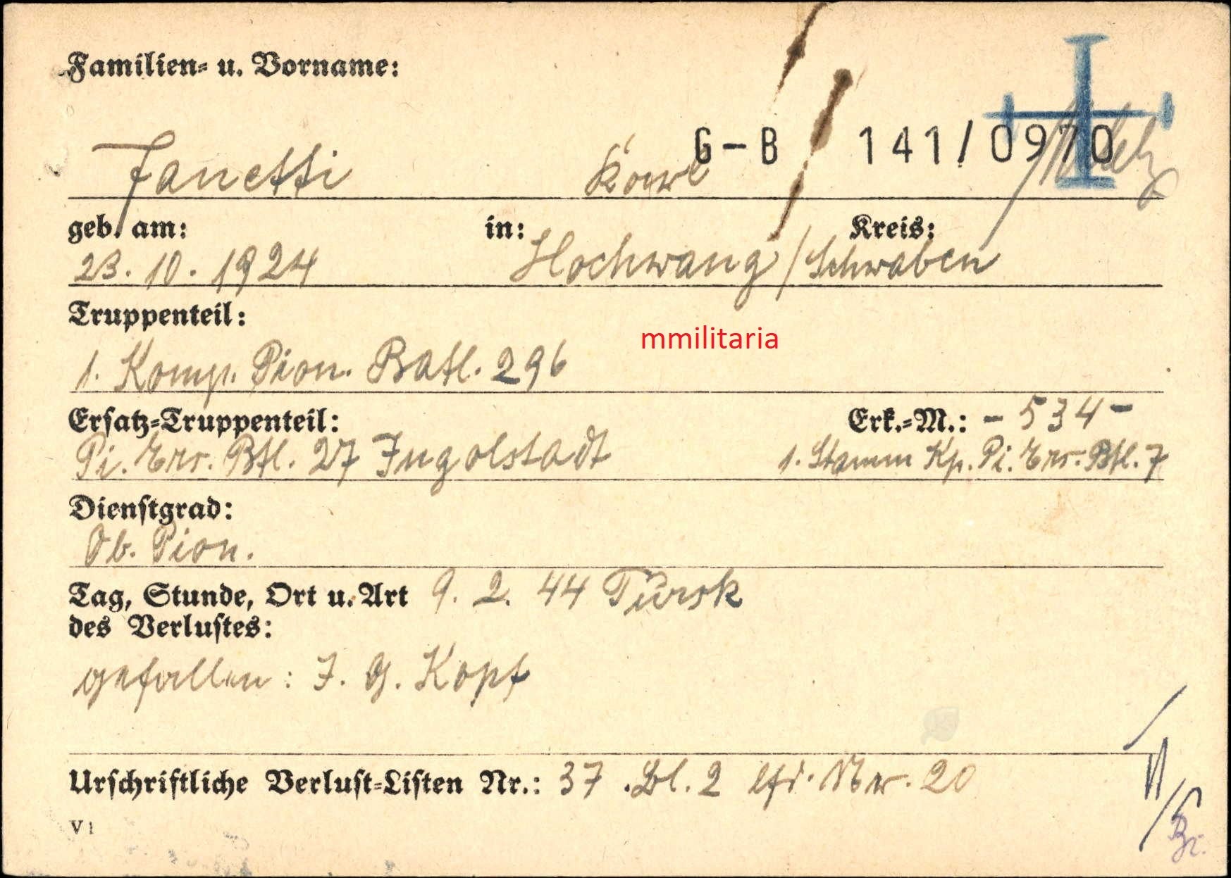 Sterbebild Oberpionier 1. Komp. Pionier Btl. 296 Rogatschew Tursko Russland - www.mmilitaria.com