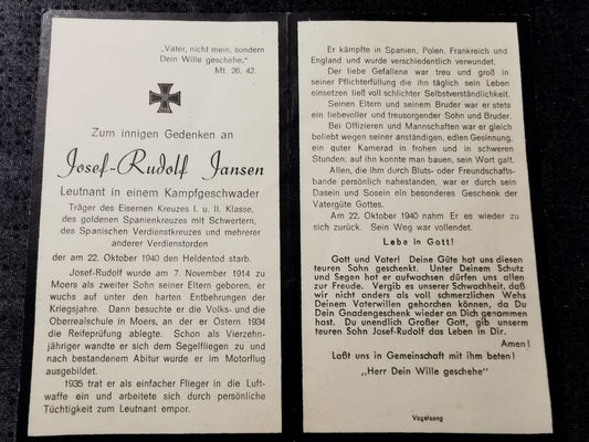 Sterbebild Leutnant 9. Staffel Kampfgeschwader 27 "Boelke" EK I & II Gold. Spanienkreuz mit Schwertern Rennes Frankreich - www.mmilitaria.com