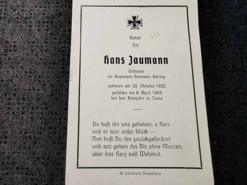 Sterbebild Gefreiter Regt. "Hermann Göring" HG Kämpfe in Tunis Bordj-Cedria Tunesien Afrika - www.mmilitaria.com